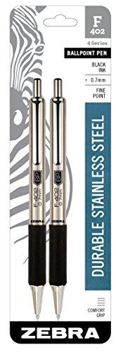 Zebra Pen F-402 Retractable Ballpoint Pen, Stainless Steel Barrel, Fine Point, 0.7mm, Black Ink, 2-Pack