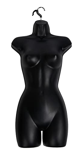 Female Molded Shatterproof Black Plastic Shapely Torso Form with Hook – Fits Women’s Sizes 5-10 – Hanging Fashion Form Mannequin to Display Top and Bottom Merchandise