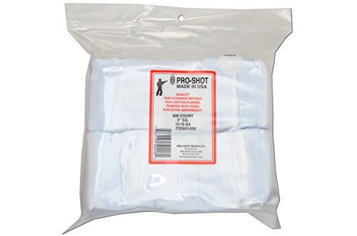 Pro Shot Gun Care Flannel Gun Cleaning 500 Count Patches (12-16- Gauge, 3-Inch SQ.), White