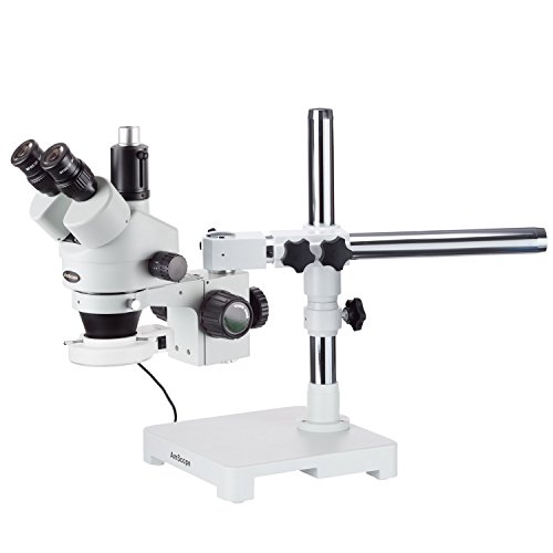 AmScope SM-3TZ-54S Professional Trinocular Stereo Zoom Microscope, WH10x Eyepieces, 3.5X-90X Magnification, 0.7X-4.5X Zoom Objective, 54-Bulb LED Light, Single-Arm Boom Stand, 110V-240V, Includes 0.5X and 2.0X Barlow Lenses