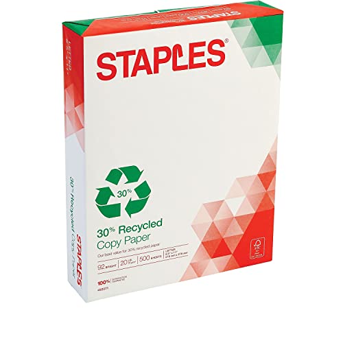 Staples 492071 30% Recycled 8.5-Inch X 11-Inch Copy Paper 20 Lbs 92 Brightness 500/Rm