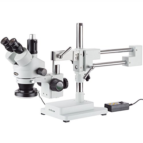 AmScope SM-4TZ-144A Professional Trinocular Stereo Zoom Microscope, WH10x Eyepieces, 3.5X-90X Magnification, 0.7X-4.5X Zoom Objective, Four-Zone LED Ring Light, Double-Arm Boom Stand, 110V-240V, Includes 0.5X and 2.0X Barlow Lens