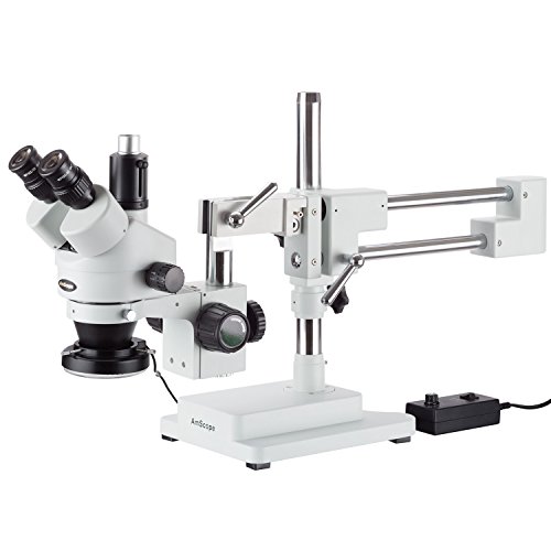 AmScope SM-4TZ-144 Professional Trinocular Stereo Zoom Microscope, WH10x Eyepieces, 3.5X-90X Magnification, 0.7X-4.5X Zoom Objective, 144-Bulb LED Ring Light, Double-Arm Boom Stand, 110V-240V, Includes 0.5X and 2.0X Barlow Lens