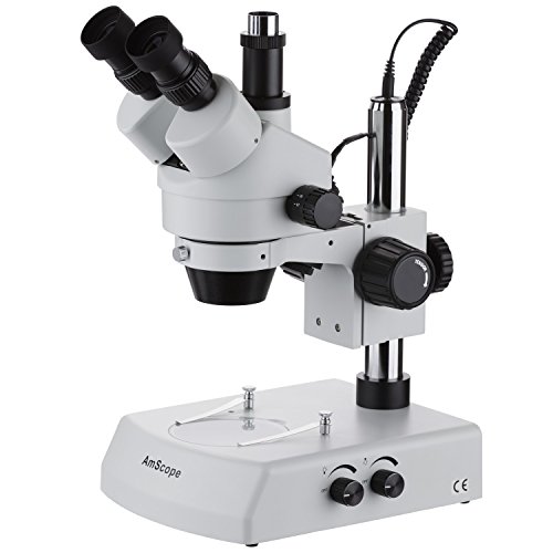 AmScope SM-2TZZ Professional Trinocular Stereo Zoom Microscope, WH10x and WH20x Eyepieces, 3.5X-180X Magnification, 0.7X-4.5X Zoom Objective, Upper and Lower Halogen Lighting, Pillar Stand, 110V-120V, Includes 0.5X and 2.0X Barlow Lenses