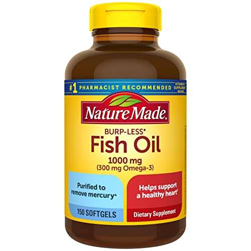 Nature Made Burp Less Fish Oil 1000 mg Softgels, for Healthy Heart Support, Omega 3 Supplement with 150 Softgels, 75 Day Supply
