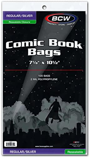 BCW Resealable Silver/Regular Comic Book Bags, Clear 2-mil Polypropylene | 7-1/8″ x 10-1/2″ | 100-Count, Holds Silver Age Comics