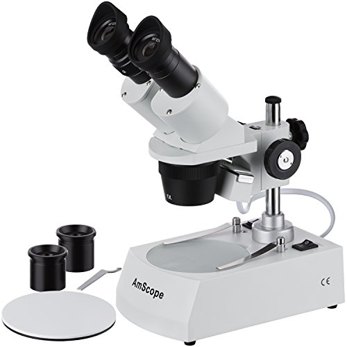 AmScope SE305R-PZ Forward Binocular Stereo Microscope, WF10x and WF20x Eyepieces, 10X-60X Magnification, 1X and 3X Objectives, Upper and Lower Halogen Light Source, Pillar Stand, 120V , White