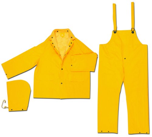 MCR Safety 2403L Classic Plus PVC/Polyester 3-Piece Corduroy Collar Rain Suit with Detachable Hood and Bibpant, Yellow, Large