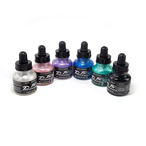 Daler-Rowney FW Acrylic Ink Bottle 6-Color Pearlescent Set – Acrylic Set of Drawing Inks for Artists and Students – Permanent Art Ink Calligraphy Set – Calligraphy Ink for Color Mixing