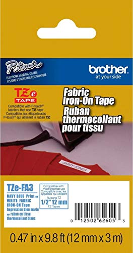 Brother Genuine P-touch TZE-FA3 Tape, 1/2″ (0.47″) Wide Fabric Iron-On Tape, Navy Blue on White, Can be Ironed onto Virtually Any Cotton Item, 0.47″ x 9.8′ (12mm x 3M), Single-Pack, TZEFA3
