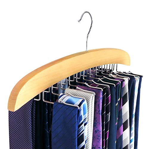 HANGERWORLD Hanging Tie Holder Organizer Rack – Premium Wooden Tie Hanger with 24 Folding Accessory Hooks for Closet Space Saving