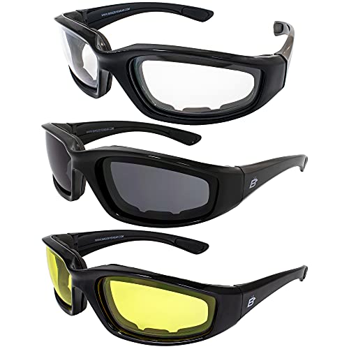 3 PAIRS PADDED MOTORCYCLE RIDING GLASSES DAY NIGHT DAWN DUSK SMOKE CLEAR YELLOW Shatterproof Polycarbonate Lenses black frame UV400 Filter Maximum UV Protection Scratch Resistant Coat Rubber Ear Pads