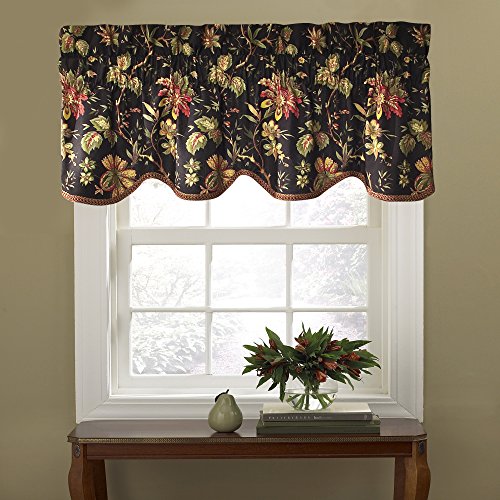 Waverly Felicite Floral Pattern with Grimp Trim Window Valance Curtains, 50 in x 15 in, Noir