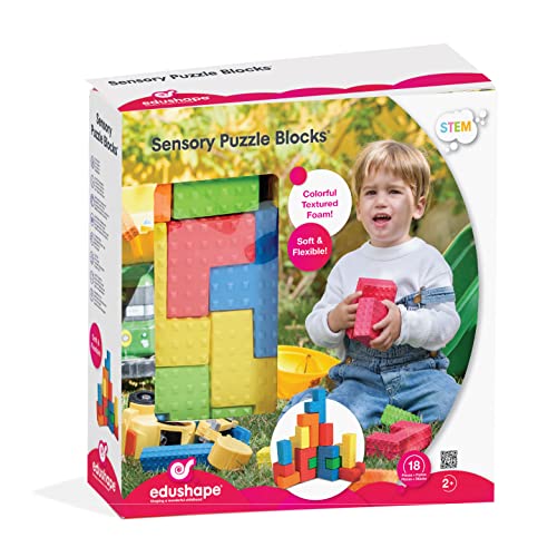 Edushape Sensory Puzzle Blocks, 18 PC Set – Colorful Textured Interlocking Construction Block Puzzles for Sensory Development in Toddlers & Kids – Soft Baby Blocks, STEM Educational Learning Toy