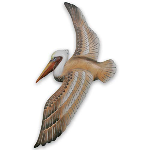 T.I. Design Hand-carved Wood Flying Pelican | Coastal Nautical Beach Wall Décor Natural Wood Finish