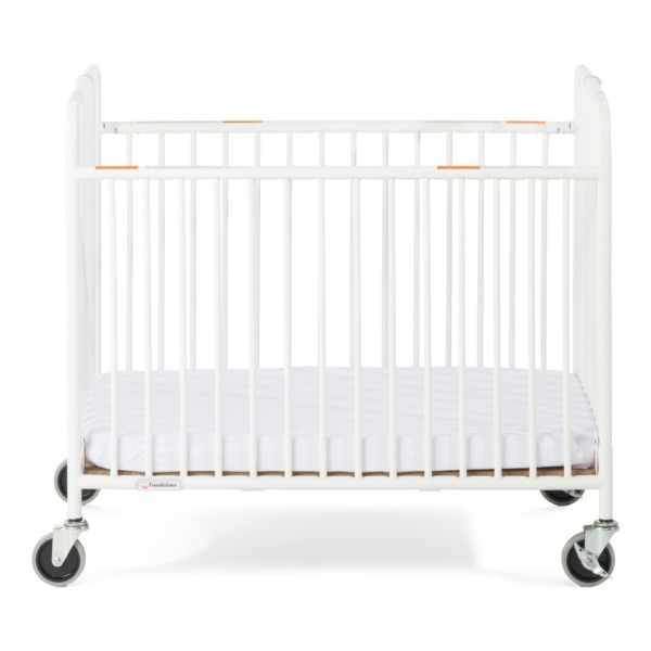 Foundations Stowaway Metal Folding Crib, Portable Baby Crib with Foam Mattress and Commercial Grade 3″ Casters, Compact Traveling Crib (White Steel)