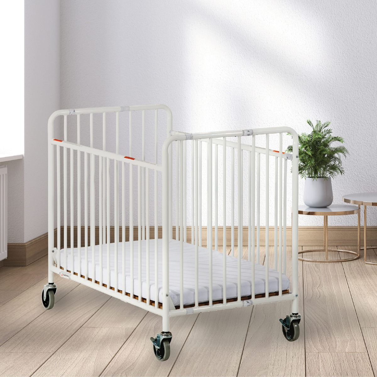 Foundations Stowaway Metal Folding Crib, Portable Baby Crib with Foam Mattress and Commercial Grade 3″ Casters, Compact Traveling Crib (White Steel) | The Storepaperoomates Retail Market - Fast Affordable Shopping