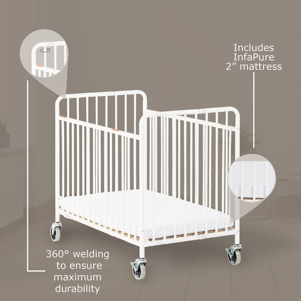 Foundations Stowaway Metal Folding Crib, Portable Baby Crib with Foam Mattress and Commercial Grade 3″ Casters, Compact Traveling Crib (White Steel) | The Storepaperoomates Retail Market - Fast Affordable Shopping