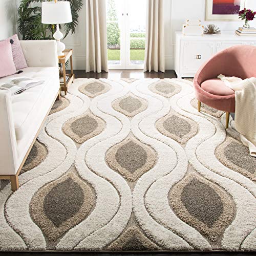 SAFAVIEH Florida Shag Collection 8′ x 10′ Cream / Smoke SG461 Modern Ogee Non-Shedding Living Room Bedroom Dining Room Entryway Plush 1.2-inch Thick Area Rug