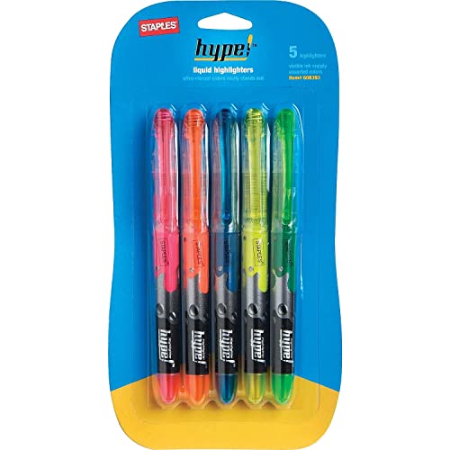 Staples Hype! Liquid Highlighters, Assorted, 5/Pack