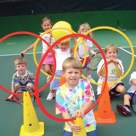 Oncourt Offcourt Tennis Kids Fun Set – Set Includes 4 Hoops, 4 Cones, 2 Poles, 2 Clips/for Ages 2-10 / Tennis Training Aid