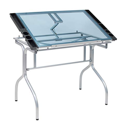Studio Designs Folding Modern Glass Top Adjustable Drafting Table Craft Table Drawing Desk Hobby Table Writing Desk Studio Desk, 35.25″ W x 23.75″ D, Silver / Blue Glass