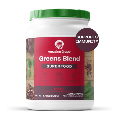 Amazing Grass Greens Blend Superfood: Super Greens Powder Smoothie Mix with Organic Spirulina, Chlorella, Beet Root Powder, Digestive Enzymes & Probiotics, Berry, 100 Servings