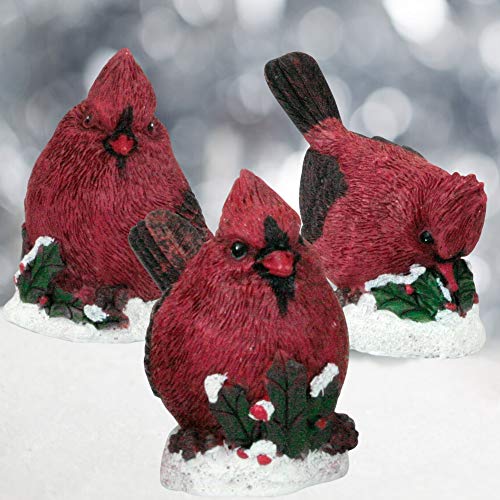 Holiday Cardinal Figures with Red Berries, Holly and Snow Detail – Christmas Decorations – Set of 3