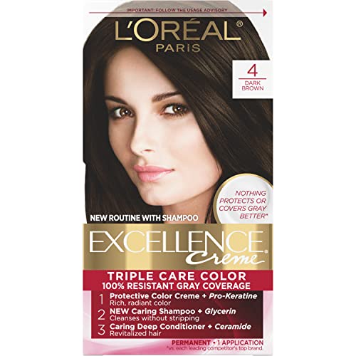 L’Oreal Paris Excellence Creme Permanent Hair Color, 4 Dark Brown, 100 percent Gray Coverage Hair Dye, Pack of 1