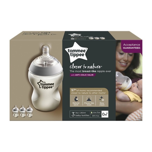 Tommee Tippee Closer to Nature Baby Bottles Slow Flow Breast-Like Nipple with Anti-Colic Valve (9oz, 3 Count)
