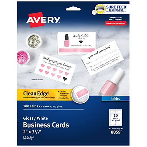 Avery Clean Edge Printable Business Cards with Sure Feed Technology, 2″ x 3.5″, Glossy White, 200 Blank Cards for Inkjet Printers (8859)