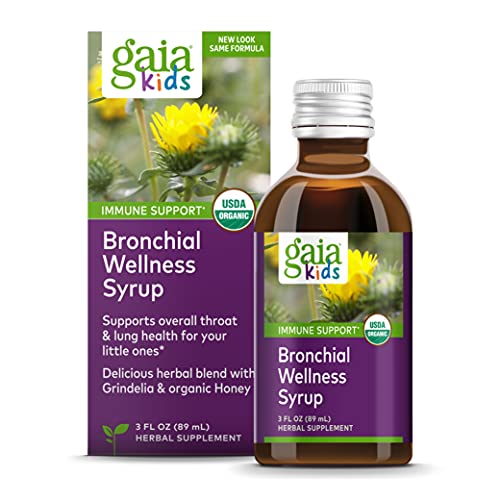 Gaia Kids Bronchial Wellness Syrup – Immune Support Supplement – Overall Throat & Lung Health Support – Certified Organic Formula with English Plantain, Grindelia & Honey – 3 Fl Oz (18 Servings)