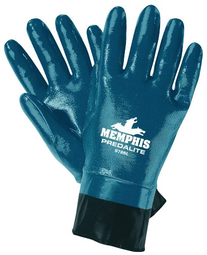 MCR Safety 9786L Predalite Nitrile Rubber Fully Coated Gloves with PVC Safety Cuffs, Smooth, Blue/White, Large, 1-Pair