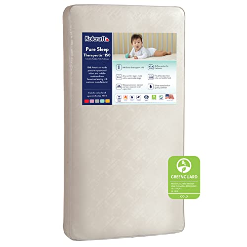 Kolcraft Pure Sleep Therapeutic Waterproof Toddler and Baby Crib Mattress – 150 Heavy Gauge Steel Coils – Made in USA, 52″x28″, Extra Firm