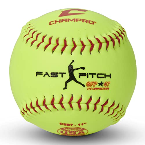 Champro Game ASA Fast Pitch .47 COR, 375 Compression, Poly Synthetic Cover, Red Stiches (Optic Yellow, 11-Inch), PACK OF 12