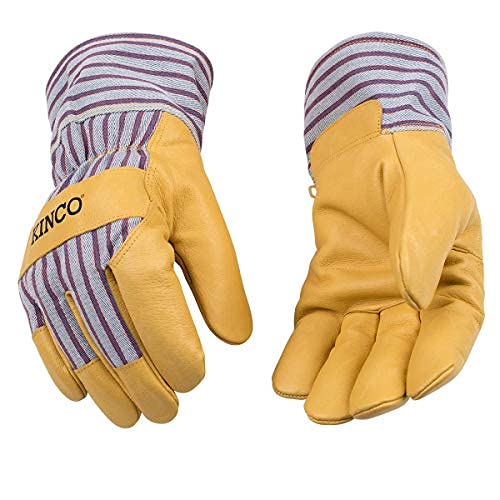 Kinco – Kid’s Lined Premium Pigskin Leather Work and Ski Gloves, Heatkeep Thermal Insulation, Otto Striped Canvas, Fitted Knit Wrist, (Style No. 1927KW)