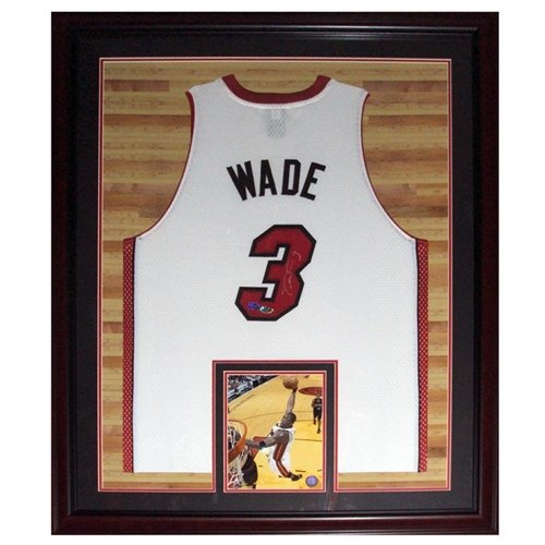Dwyane Wade Autographed Miami Heat (White #3) Deluxe Framed Jersey – Court Background – Wade Holo