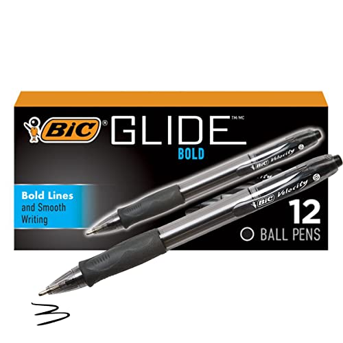 BIC Glide Bold Black Ballpoint Pens, Bold Point (1.6mm), 12-Count Pack, Retractable Ballpoint Pens With Comfortable Full Grip
