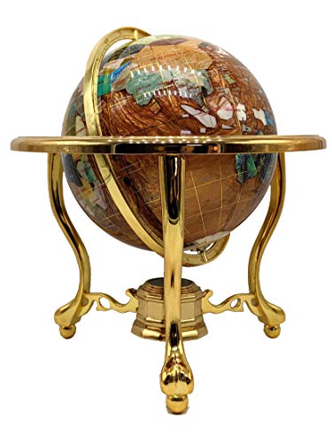 Unique Art Since 1996 14″ Tall Amber Pearl Gold Stand Gem Gemstone World Map Globe Globes Maps