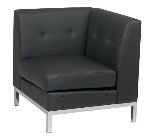 OSP Home Furnishings Wall Street Faux Leather Corner Chair with Box-Spring Cushion, Button Tufted Back, and Chrome Finish Base, Black