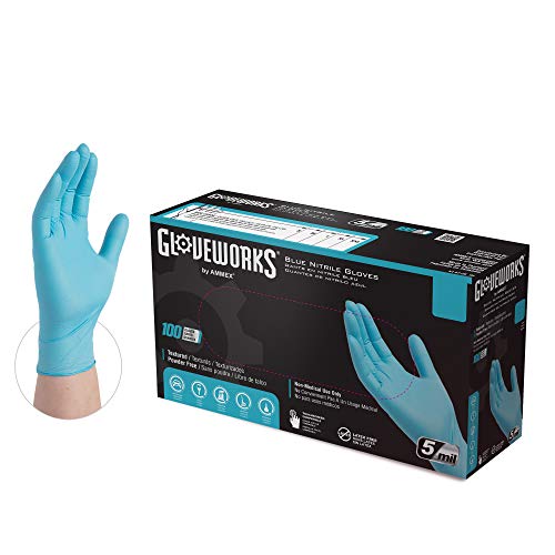 GLOVEWORKS Blue Disposable Nitrile Industrial Gloves, 5 Mil, Latex & Powder-Free, Food-Safe, Textured, X-Large, Box of 100