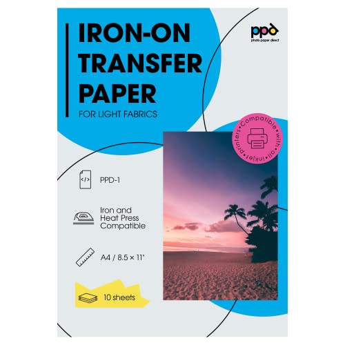 PPD Inkjet PREMIUM Iron-On White and Light Color T Shirt Transfers Paper LTR 8.5×11” Pack of 10 Sheets (PPD001-10)