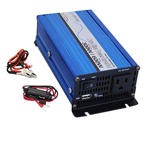 AIMS Power PWRI30024S Pure Sine Power Inverter, 24V, 300W Continuous Power, 600W Surge Peak Power, Pure Sine Wave, Cooling Fan, Single AC Receptacle, USB Port, On/off Switch