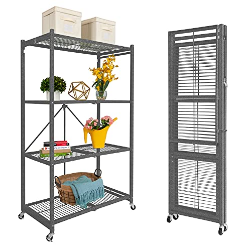 Origami 4-Shelf Foldable Storage Shelves | for Garage Kitchen Bakers Closet, Metal Wire, Collapsible Organizer Rack, Holds up to 1000 pounds, Powder-Coated Steel, Heavy Duty | Pewter