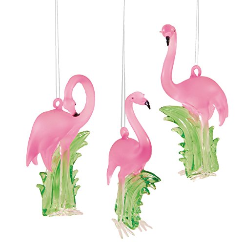 Gallery II C&F Set of 3 Assorted Glass Flamingo Hanging Ornaments Pink and Green 4.5 inch Pink