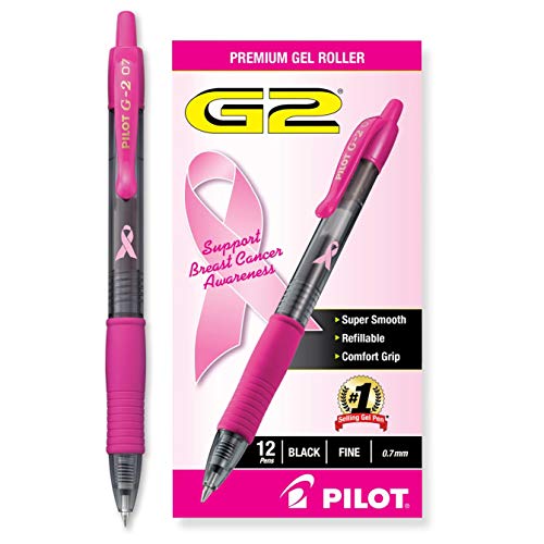 PILOT G2 Premium Pink Ribbon Retractable Gel Roller Ball Pen, Fine Point, Black Ink, 12-Pack (31332), Dozen Box