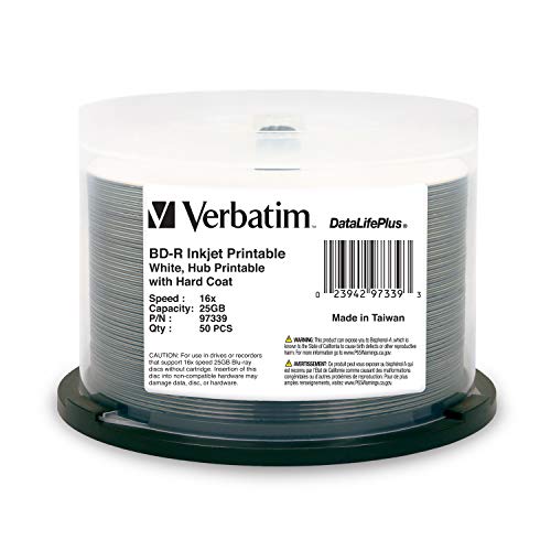 Verbatim BD-R 25GB 16X Blu-ray Recordable Media Disc DataLifePlus White Inkjet Hub Printable – 50pk Spindle – 97339