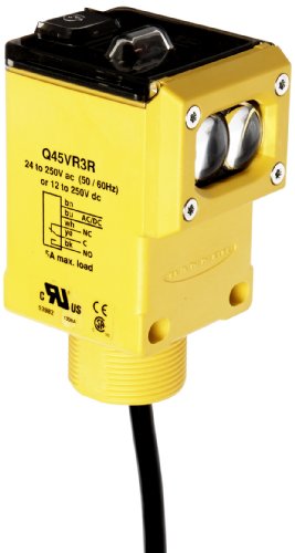 Banner Q45VR3R Sensor, Opposed Mode Emitter and Receiver, SPDT Output Type, 60m Range, 5 Wires, Universal 12-250VDC or 24-250VAC Supply Voltage, 2m Cable Length