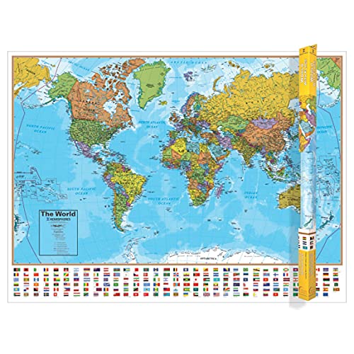 Waypoint Geographic Hemispheres Laminated World Wall Map w/ Blue Oceans – Easy to Read Up-to-Date Locations, Country Flags, Populations & Legend – Poster Size Wall Art (Large 51″ x 38″) – Ships Rolled