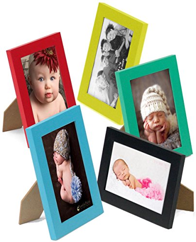 Displays2go Set of Ten 5 x 7 Inch Wooden Photo Frames in Five Colors: Black, Yellow, Green, Blue and Red, for Tabletop or Wall Mount Use